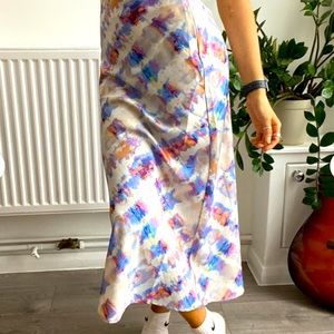 URBAN OUTFITTERS RAINBOW TIE DYE SATIN MIDI SKIRT